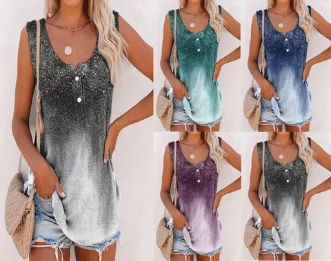 Camiseta sin Mangas de Verano con Estampado Tie-Dye para Mujer Cuello en V sin Mangas Casual Holgada Degradada Purpurina Chaleco Top