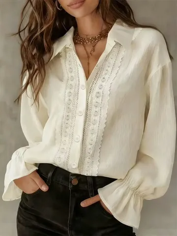 Camicia Casual da Donna in Cotone e Lino Tinta Unita Manica Lunga Collo alla Coreana Monopetto Con Patchwork di Pizzo
