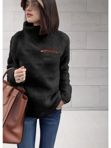 Sudadera de Mujer con Cuello Alto y Media Cremallera de Lana de Cordero Sintética Forro Polar Cálido Manga Larga Invierno Elastano