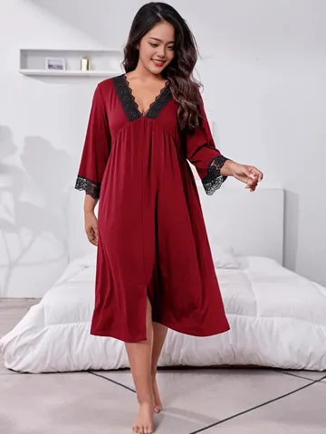 Women's Plus Size V-Neck Nightdress Lace Trim Long Sleeve Loungewear Polyester Sleepwear Loose Solid Color Casual Comfort Nightgown