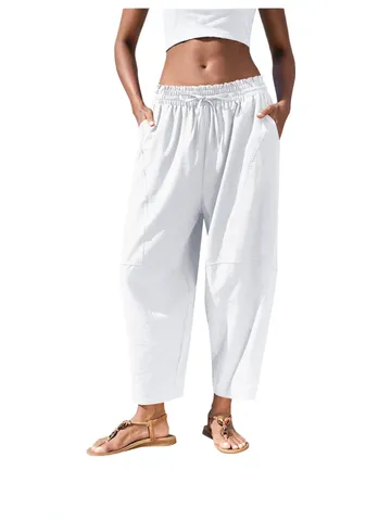 Dames Middelhoge Taille Casual Losse九分裤 Polyester Gesplitst Trekkoord Harembroek Met Zakken Mode Vakantiekleding