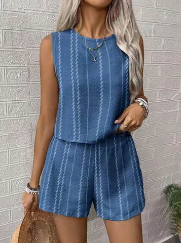 Completo Donna Casual a Righe Senza Maniche Canotta e Pantaloncini Sopra e Sotto Estate Poliestere Traspirante Elegante Due Pezzi