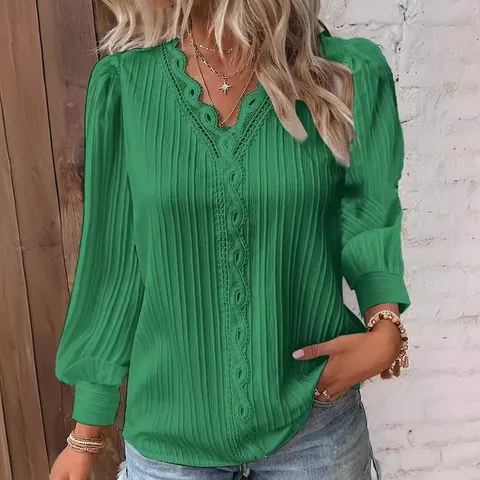 Γυναικεία Casual Μπλούζα με Λαιμόκοψη V και Δαντελένιο Patchwork Μακρύ Μανίκι Πλισέ Υφή Χαλαρό Top Γραφείου Streetwear Κομψό Πουκάμισο