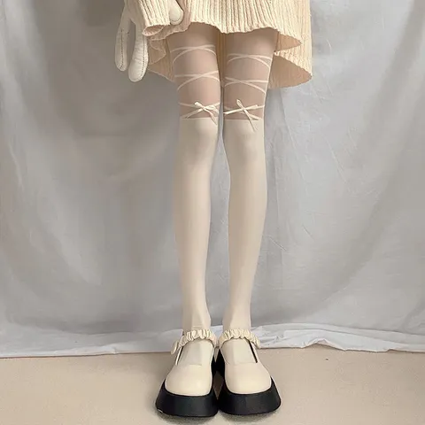 Women Sweet Bowknot Jacquard Pantyhose Thin Sheer Lacing Tights Lolita Style Anti-Hook Stretch Patchwork Hosiery Daily Party Wear