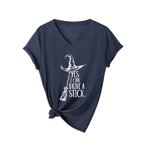 Women V Neck Short Sleeve T-Shirt Halloween Witch Hat Broom Letter Printed Loose Cotton Blend Casual Graphic Tee Top