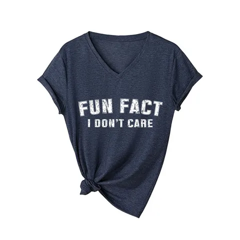 Maglietta in Cotone con Stampa Lettere Fun Fact I Don't Care da Donna Casual Scollo a V Manica Corta Top con Nodo Frontale