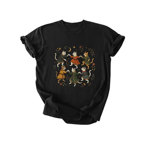 Dames Casual Katoenen T-Shirt Retro Kat Bloem Maan Ster Print Ronde Hals Korte Mouw Top Zomer Graphic Tee