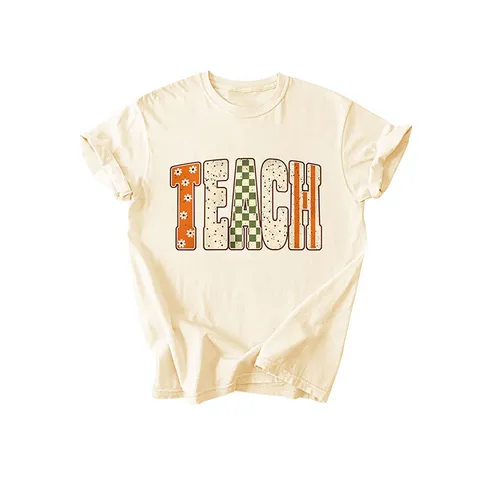 Women Casual Cotton Teach Letter Flower Polka Dot Plaid Print T-Shirt Crew Neck Short Sleeve Top