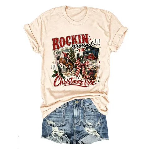 Camiseta Gráfica de Algodón Rockin Around The Christmas Tree Casual Streetwear Cuello Redondo Manga Corta para Mujer