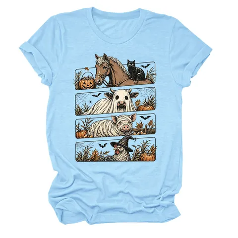 Women Halloween Graphic T-Shirt Casual Funny Farm Animal Print Loose Round Neck Cotton Blend Short Sleeve Tee Top