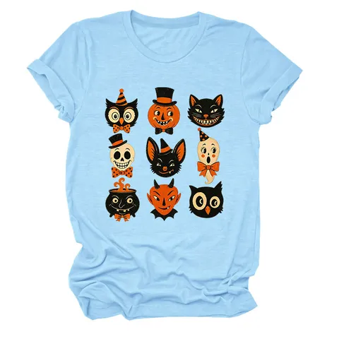 Women Funny Halloween Top Graphic Printed Round Neck Cotton Loose Short Sleeve T-Shirt Vintage Cartoon Casual Holiday Apparel