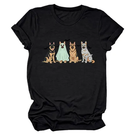 Women Casual Cotton Round Neck T-Shirt Funny Halloween Four Puppies German Shepherd Print Graphic Short Sleeve Loose Top