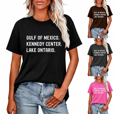 Dames Casual Katoenmix T-Shirt Korte Mouw Ronde Hals Top Met Gulf Of Mexico Kennedy Center Print Graphic Tee