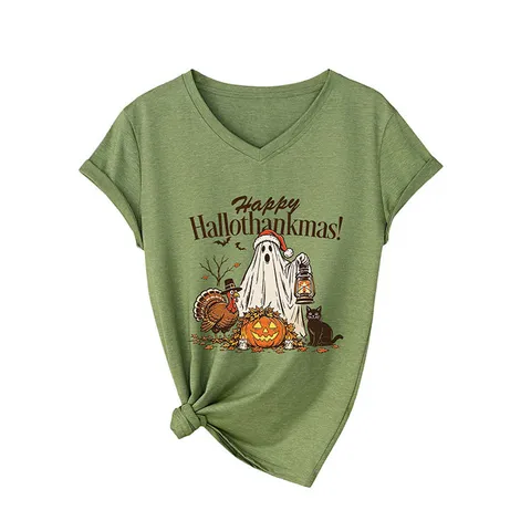 Dames Casual V-Hals Korte Mouw Katoenmix T-Shirt Happy Hallothankmas Bedrukt Grafisch Feestelijk Feestdag Top