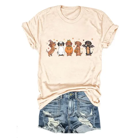 Maglietta da Donna con Grafica di Cinque Cuccioli di Halloween in Cotone Casual Girocollo Manica Corta Top alla Moda per Feste