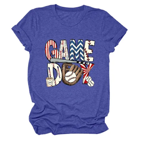 Women Casual Cotton Blend T-Shirt Round Neck Short Sleeve Game Day Baseball Graphic Printed Top For Daily Sports Wear
