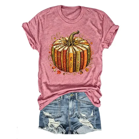 Damen Herbst Casual Baumwollmischung T-Shirt Kürbis Buch Ahornblatt Pilz Grafikdruck Kurzarm Rundhals Lockeres Top