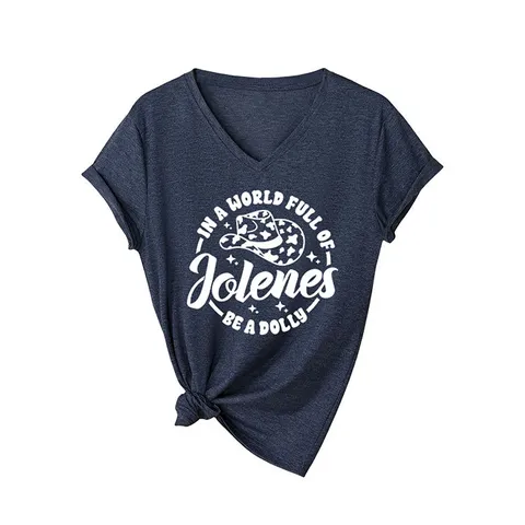 T-Shirt Décontracté à Col en V et Manches Courtes pour Femmes en Mélange de Coton Imprimé Graphique Top In A World Full