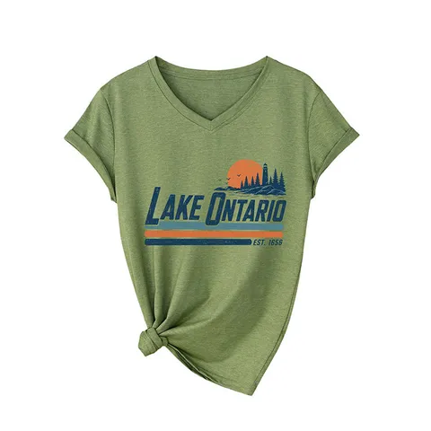 Maglietta da Donna con Scollo a V e Maniche Corte Lake Ontario Est 1656 Stampa Grafica Misto Cotone Casual Vestibilità Larga Top Moda Estiva
