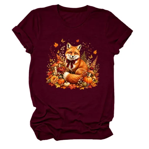 Fuchs Ahornblatt Pilz Kürbis Druck T-Shirt Damen Casual Rundhalsausschnitt Kurzarm Top Herbst Halloween Grafik Tee