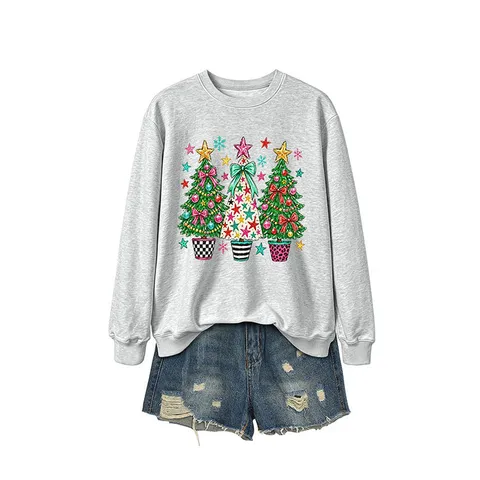 Damen Casual Weihnachten Sweatshirt Drei Weihnachtsbäume Stern Grafik Druck Rundhals Langarm Pullover Top Festliche Feiertagskleidung