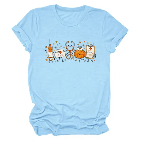 Women Funny Nurse Hat Stethoscope Syringe Printed T-Shirt Casual Round Neck Short Sleeve Loose Top For Halloween Everyday Wear