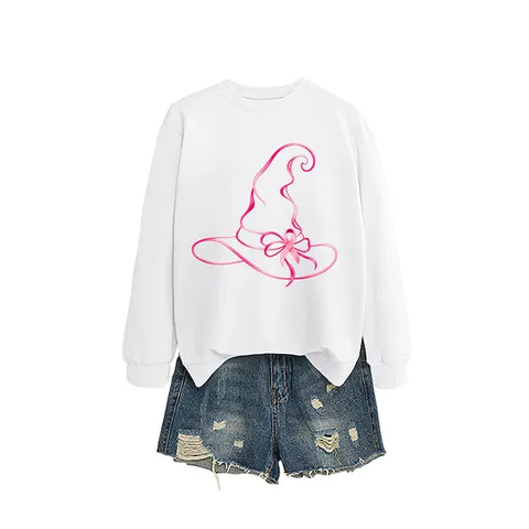 Felpa da Donna Casual in Cotone Girocollo Manica Lunga Stampa Fiocco Rosa Cappello da Mago Moda Pullover Top Streetwear Abbigliamento