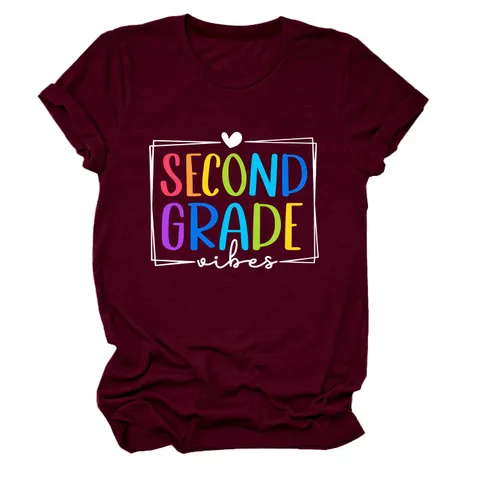 Maglietta da Donna Second Grade Vibes Stampa Lettere in Misto Cotone Casual Girocollo Manica Corta Top Largo Grafico Moda Quotidiana