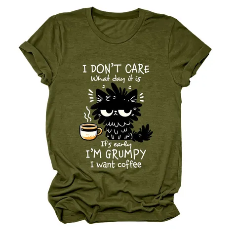 Women Casual Cotton Funny Cat Coffee Graphic Printed Round Neck Short Sleeve Loose Top Clothing Female T-Shirt