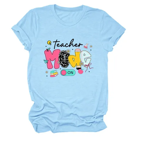 Teacher Mode On Graphic Tee Women Casual Round Neck Short Sleeve T-Shirt Loose Fit Printed Cotton Blend Top Apparel