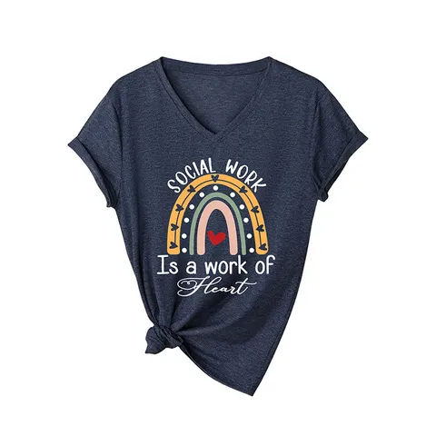 T-Shirt Décontracté en Coton pour Femmes Col en V Manches Courtes Social Work Arc-en-ciel Cœur Graphique Ourlet Noué Imprimé pour Vêtements Quotidiens Confortables