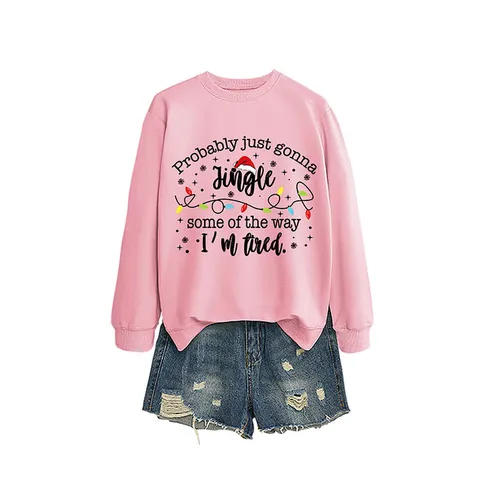 Women Christmas Cotton Sweatshirt Funny Jingle Letter Print Graphic Pullover Long Sleeve Round Neck Loose Casual Top Holiday Party