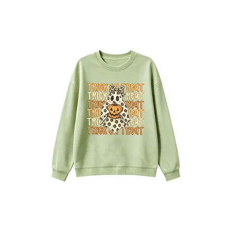 Kids Halloween Pullover Sweatshirt Pumpkin Ghost Leopard Pattern Printed Long Sleeve Western Style Casual Top For Children
