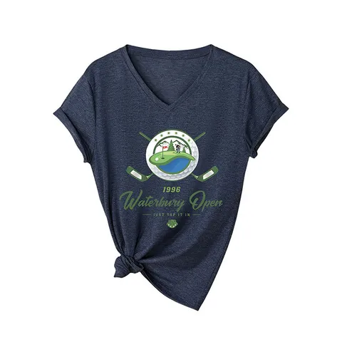 T-Shirt en Coton à Manches Courtes et Col en V pour Femmes Haut Décontracté Imprimé Golf Vintage 1996 Waterbury Open