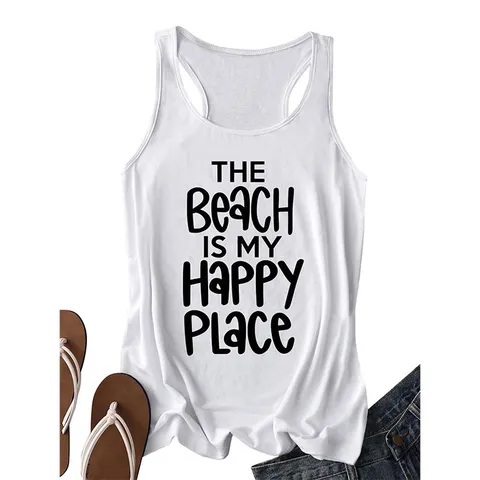 Dames Casual Katoen Tanktop Zomer Elegant Mouwloos Racerback Grafische Bedrukt Letterprint Losjes Vakantie Strand Top