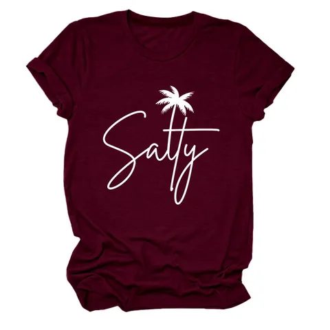 Women Casual Cotton T-Shirt Salty Letter Palm Tree Graphic Print Top Round Neck Short Sleeve Loose Fit Vacation Tee