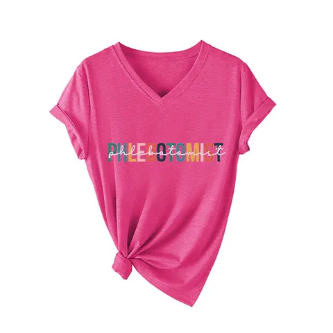 Dames Casual V-hals Korte Mouw T-Shirt Ruime Katoenmix Top Bedrukt Phlebotomist Graphic Tee