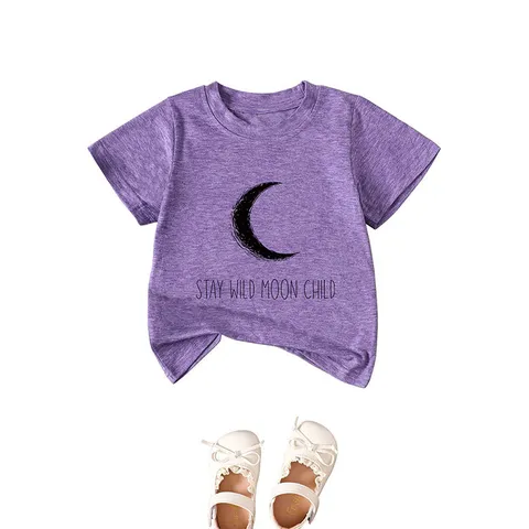 Kids Casual Short Sleeve T-Shirt Cotton Blend Stay Wild Moon Child Letter Moon Graphic Printed Pullover Round Neck Top