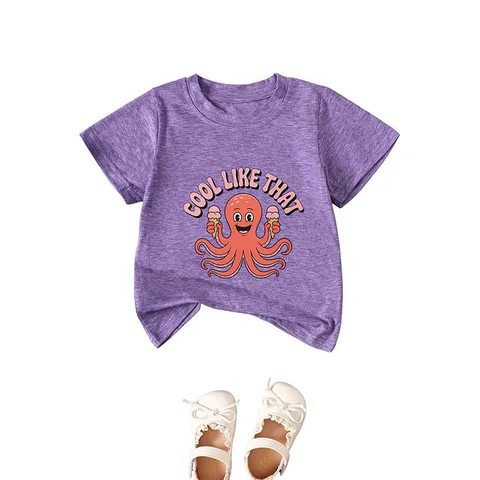 Kids Cartoon Octopus Ice Cream Print T-Shirt Euro-American Casual Cotton Polyester Round Neck Short Sleeve Top For Boy Girl Daily Wear Casual Kids Apparel