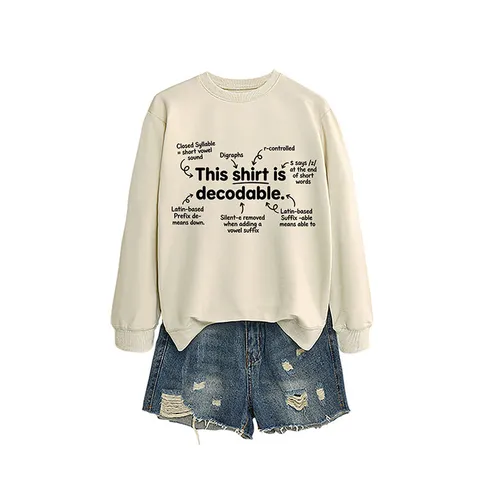 Women Fashion Cotton Loose Round Neck Sweatshirt Printed Decodable English Grammar Graphics Long Sleeve Top Casual Jumper
