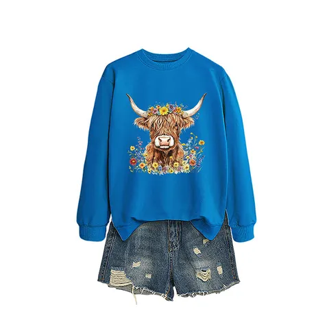 Damen Casual Baumwolle Pullover Top Lustig Jak Blumen Bedruckt Langarm Rundhals Sweatshirt Für Lockere Tägliche Westliche Crewneck Bekleidung