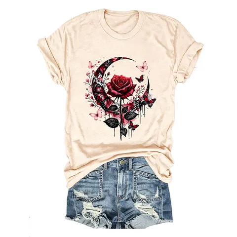 Women's Casual Cotton Rose Butterfly Moon Print T-Shirt Short Sleeve Round Neck Summer Streetwear Loose Fit Tee Top