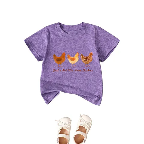 Kids Casual Cotton Blend T-Shirt Funny Letters Cartoon Chicken Graphic Printed Round Neck Short Sleeve Top For Boys Girls Everyday Wear