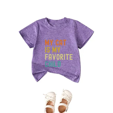 Kids Casual Cotton Polyester Blend Printed Short Sleeve Top My Cat Is My Favorite Child Slogan Round Neck Crewneck T-Shirt
