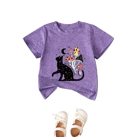 Stay Wild Moon Child Maglietta con Grafica per Bambini Gatto Luna Fungo Stampa Girocollo Manica Corta Top per Ragazzi Ragazze Abbigliamento Estivo