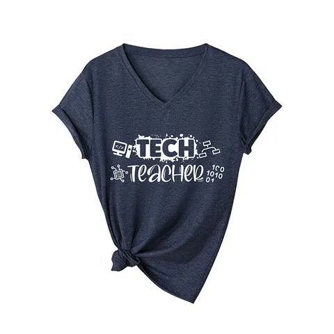 Maglietta da Donna con Scollo a V a Maniche Corte in Misto Cotone Stampa Binaria Tech Teacher Top Estivo Casual Moda Donna