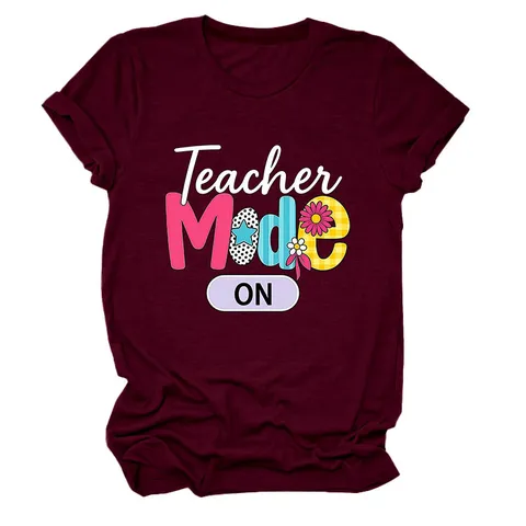 Teacher Mode ON Women Casual Cotton Blend Round Neck Short Sleeve T-Shirt Graphic Printed Mid-Length Loose Fit Fashion Tee