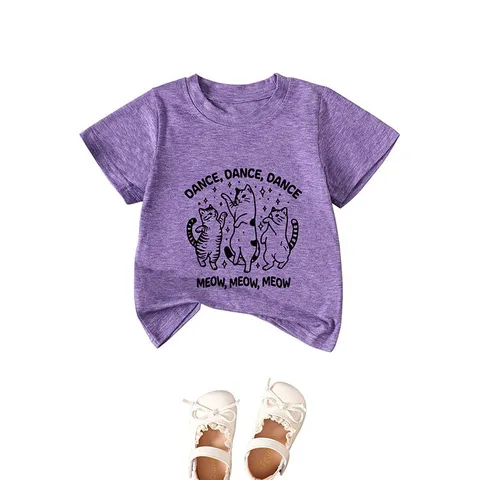 T-Shirt Graphique Chat Dansant pour Enfants Mélange de Coton Polyester Col Rond Manches Courtes Haut Décontracté Garçons Filles