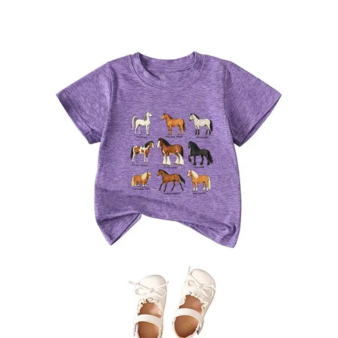Kids Casual Cotton Blend T-Shirt Horse Breeds Graphic Printed Crew Neck Short Sleeve Top For Boys Girls Summer Fashion Tee