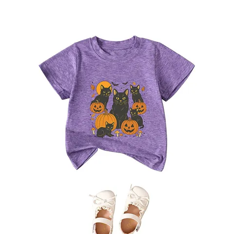 Kids Halloween T-Shirt Cute Five Black Cats Pumpkin Lantern Mushroom Pattern Round Neck Short Sleeve Cotton Blend Top